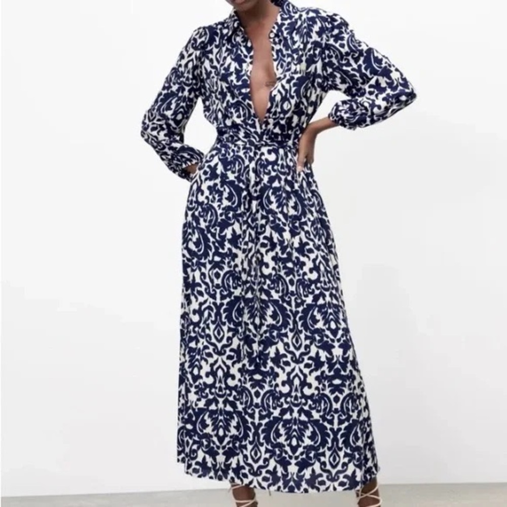 Elegant Navy and White Patterned Dress